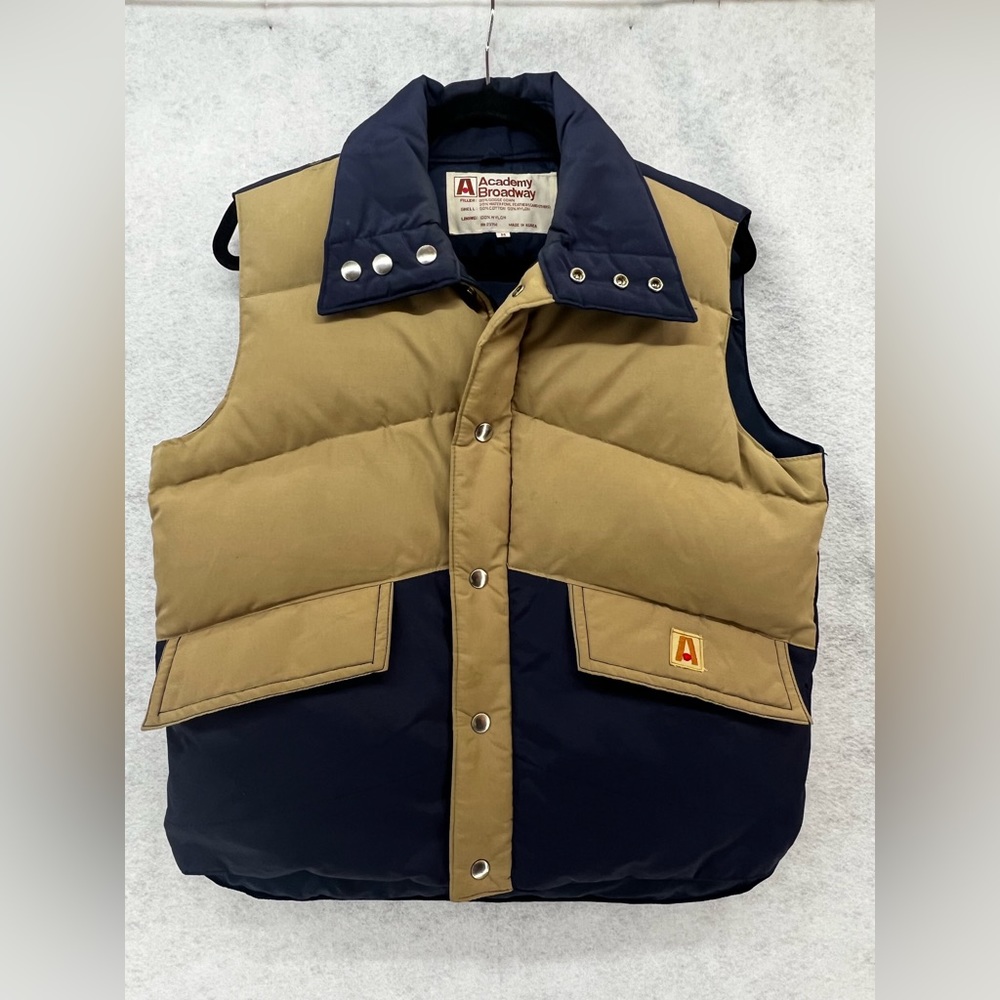 Academy Broadway Vintage Men’s Jacket Vest Goose  Down Puffer Khaki Navy Sz M G1
